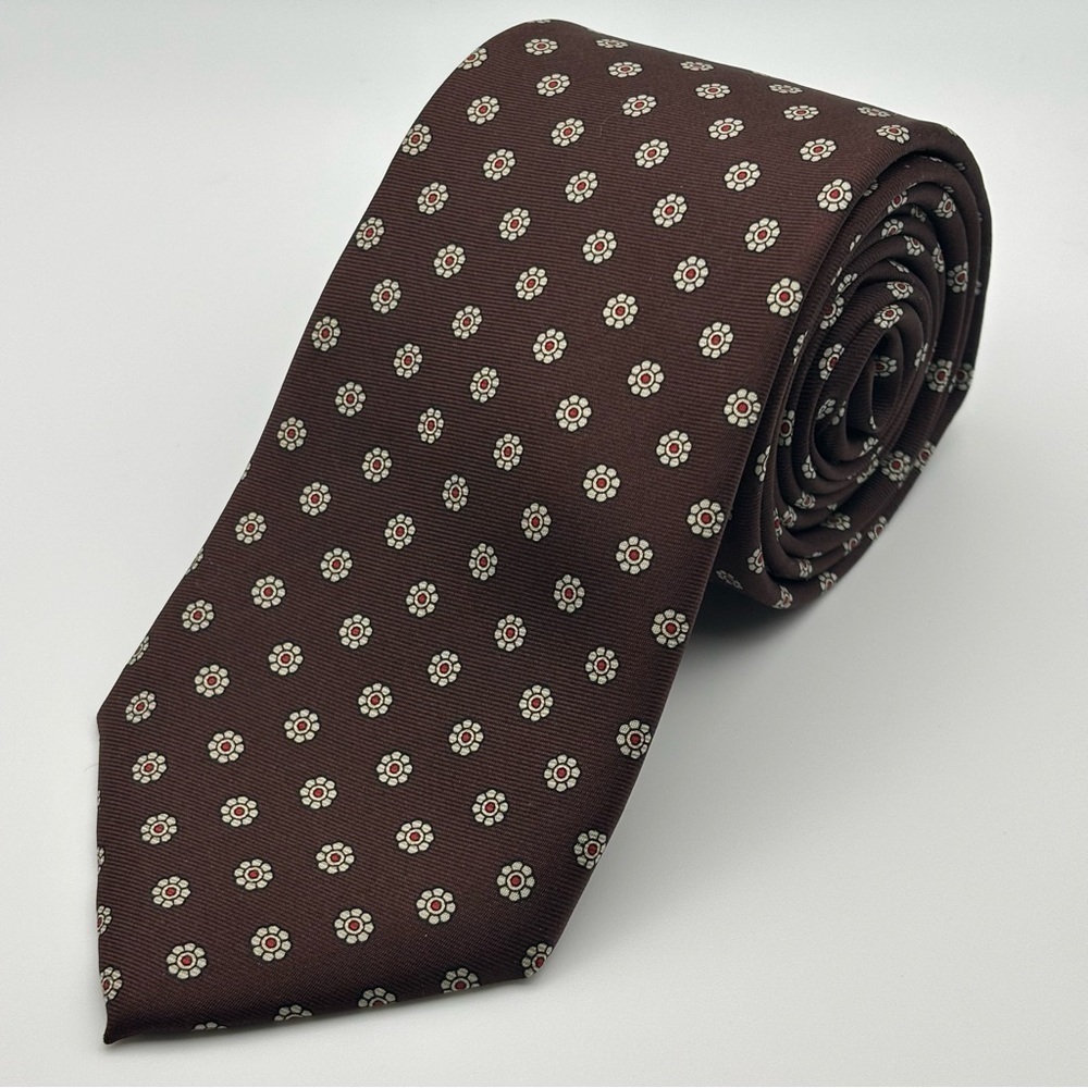 Lands’ End | Floral Circular Motif Pattern Silk Necktie Tie | Brown/White/Red